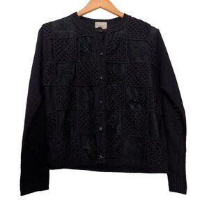 Teddi Womens Black Crochet Knit Long Sleeve Button Front Cardigan Sweater Sz PS